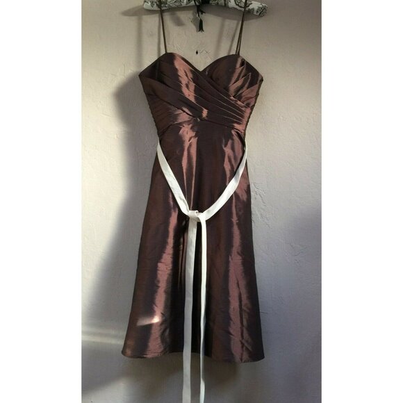 Womens Cocktail Evening Party Dress Pleated A-Line Belted Brown Spaghetti Size 6 - Picture 1 of 7
